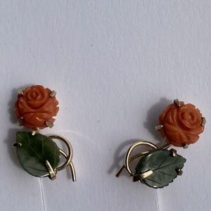 Krementz Coral & Jade Carved Rose and Leaf Earrings - Screw Back